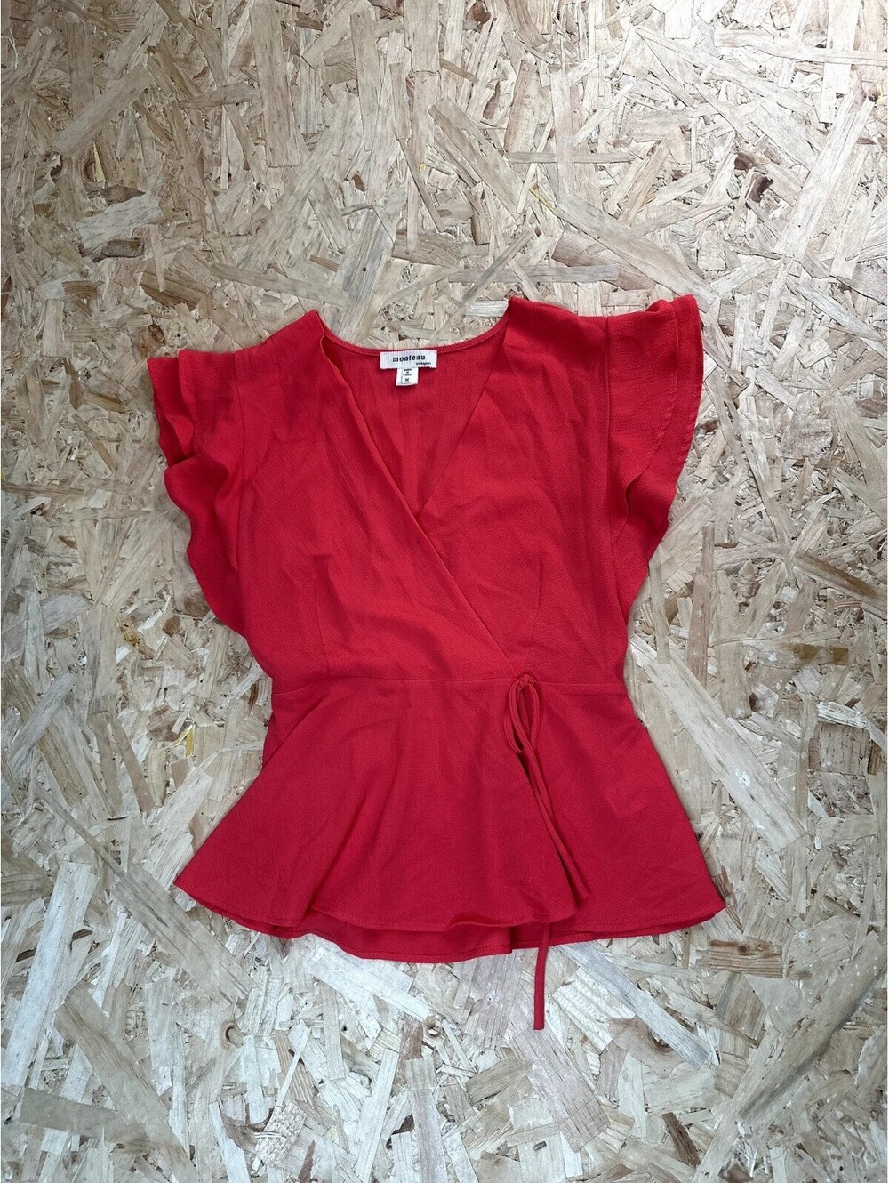 Monteau Los Angeles Red Faux Wrap Peplum Top Womens Medium Ruffle Sleeve